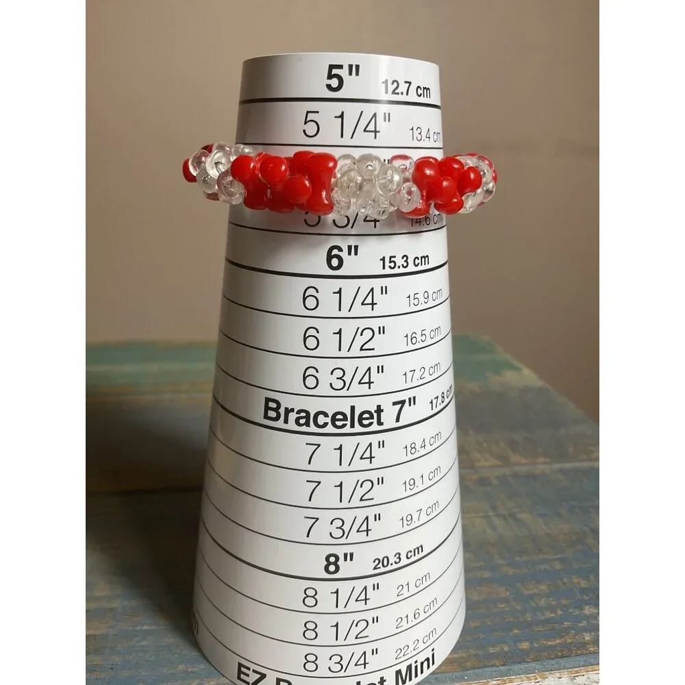 Beaded Bracelets Set Of 3 With Red Lucite Smiley Face & Flower Design